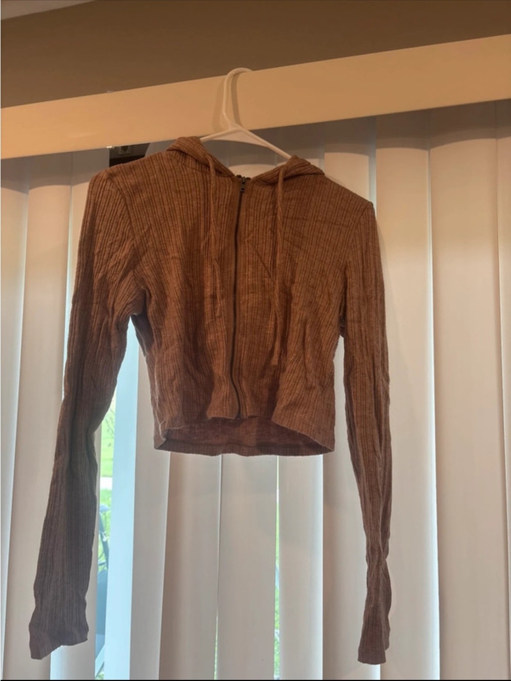 Aeropostale Ribbed Cropped Zip Hoodie - Brown